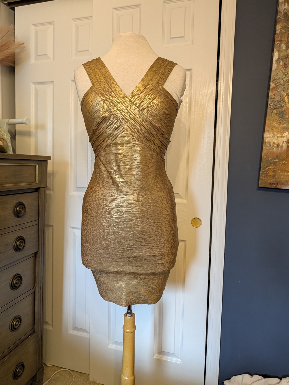 bebe Metallic Gold Crisscross Mini Dress